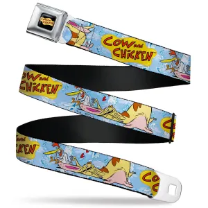 COW AND CHICKEN Title Logo Full Color Black Seatbelt Belt - COW AND CHICKEN Title Logo and Character Poses Blues Webbing