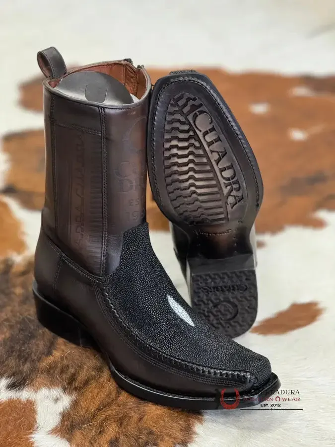 CUADRA SHORT BOOT MANTARRAYA BLACK LASER & WOVEN NARROW SQUARE TOE