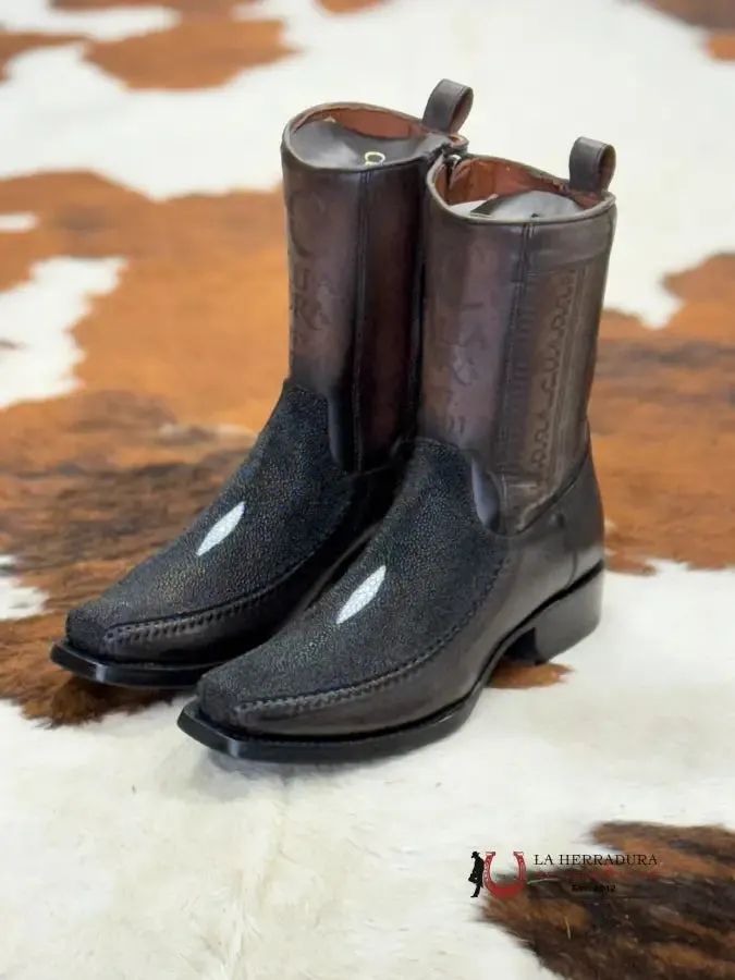 CUADRA SHORT BOOT MANTARRAYA BLACK LASER & WOVEN NARROW SQUARE TOE