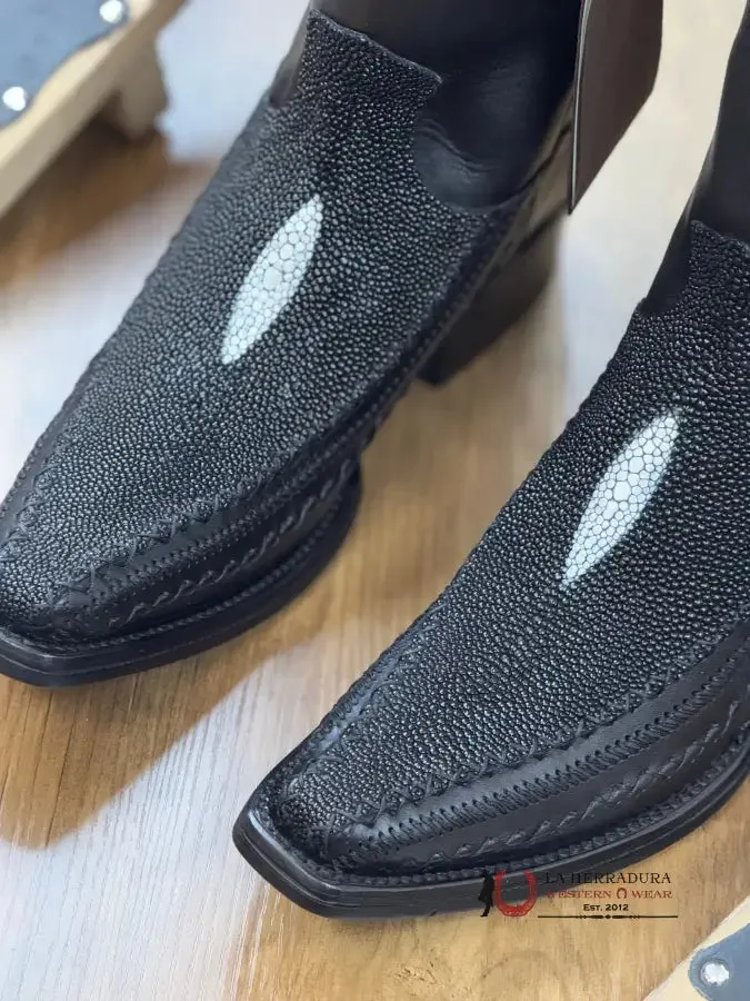 CUADRA SHORT BOOT MANTARRAYA BLACK LASER & WOVEN NARROW SQUARE TOE