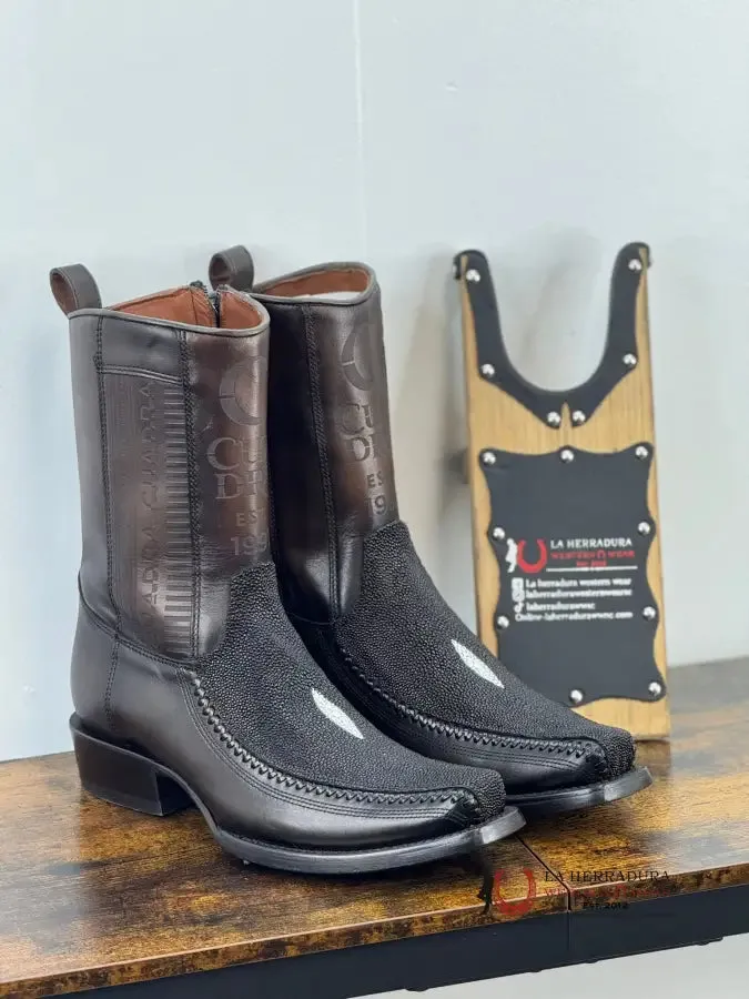 CUADRA SHORT BOOT MANTARRAYA BLACK LASER & WOVEN NARROW SQUARE TOE