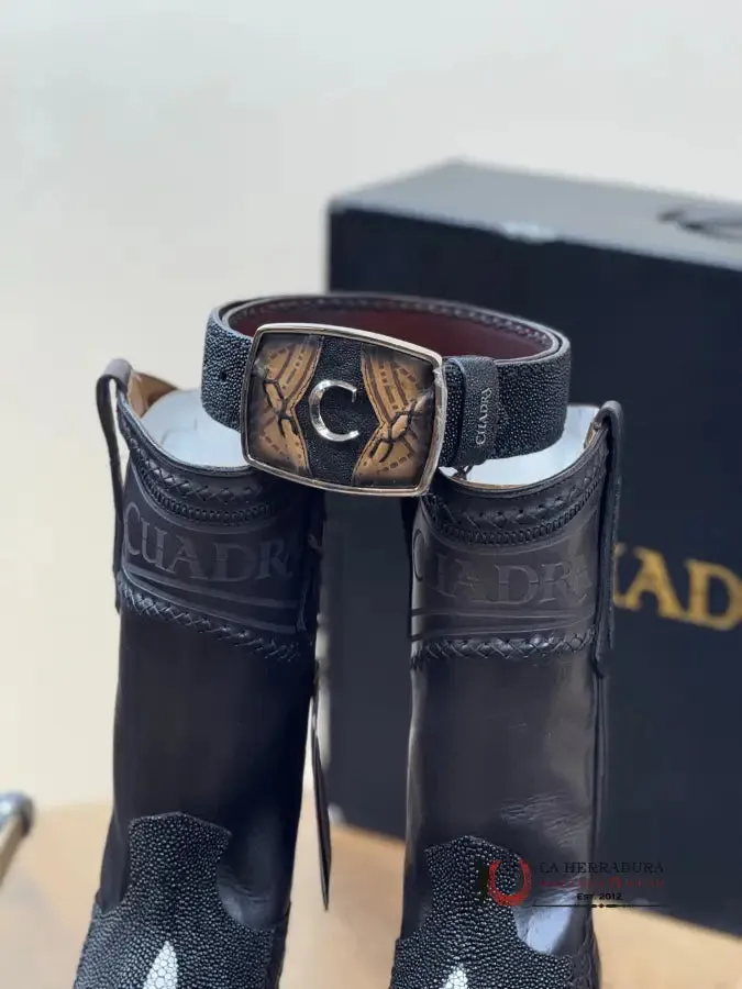 CUADRA SHORT BOOT MANTARRAYA BLACK LASER & WOVEN NARROW SQUARE TOE