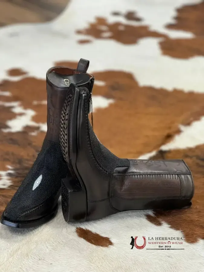 CUADRA SHORT BOOT MANTARRAYA BLACK LASER & WOVEN NARROW SQUARE TOE