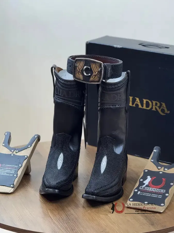 CUADRA SHORT BOOT MANTARRAYA BLACK LASER & WOVEN NARROW SQUARE TOE