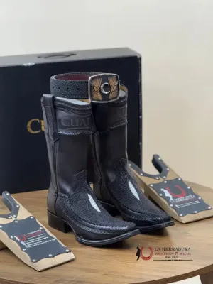 CUADRA SHORT BOOT MANTARRAYA BLACK LASER & WOVEN NARROW SQUARE TOE