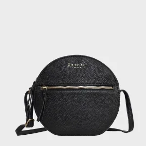 'Jane' Black Pebble Grain Leather Round Designer Crossbody Bag