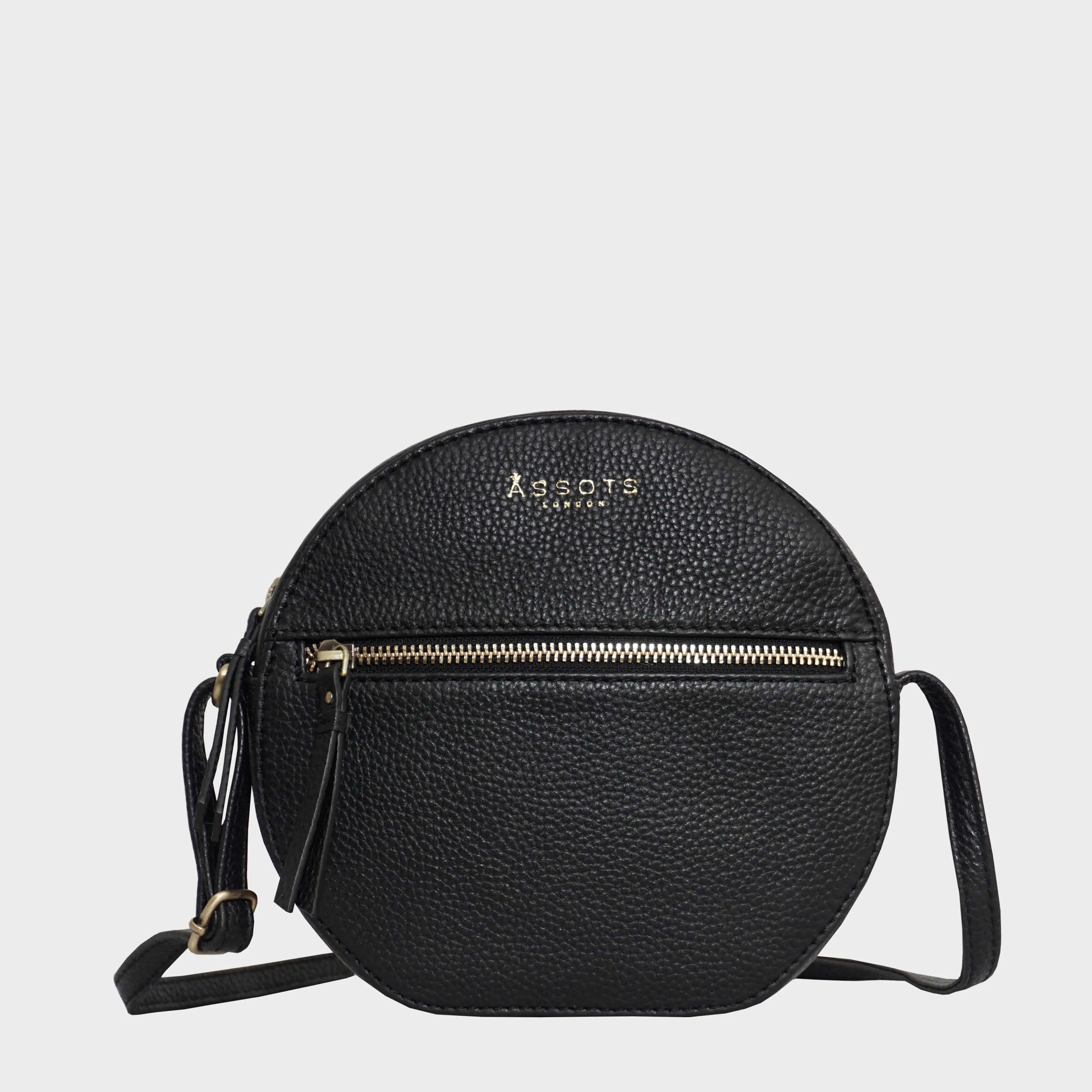 'Jane' Black Pebble Grain Leather Round Designer Crossbody Bag