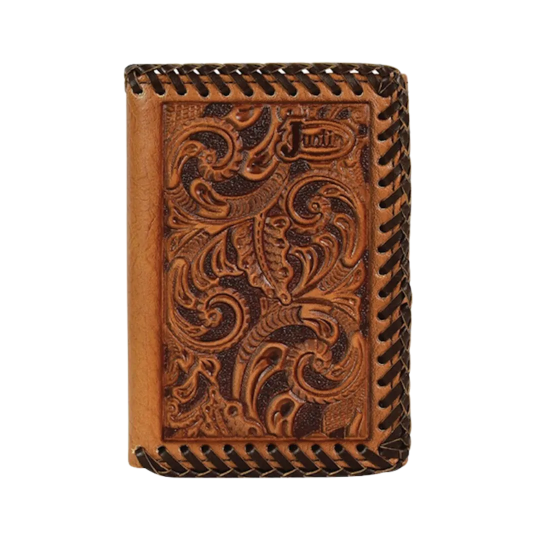 Justin Trifold Tooled Whipstitch Brown Wallet