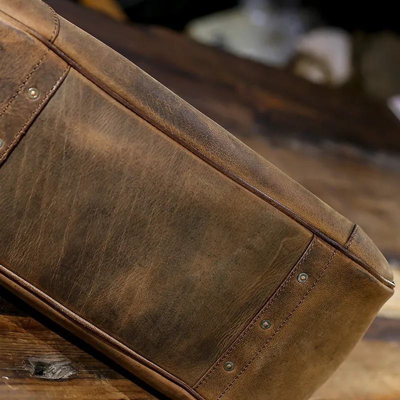 Large Crazy Horse Genuine Leather Men's Bag, New Bag, Distressed Effect Birkin Style Travel Bag, 18.9in Length-i7bags