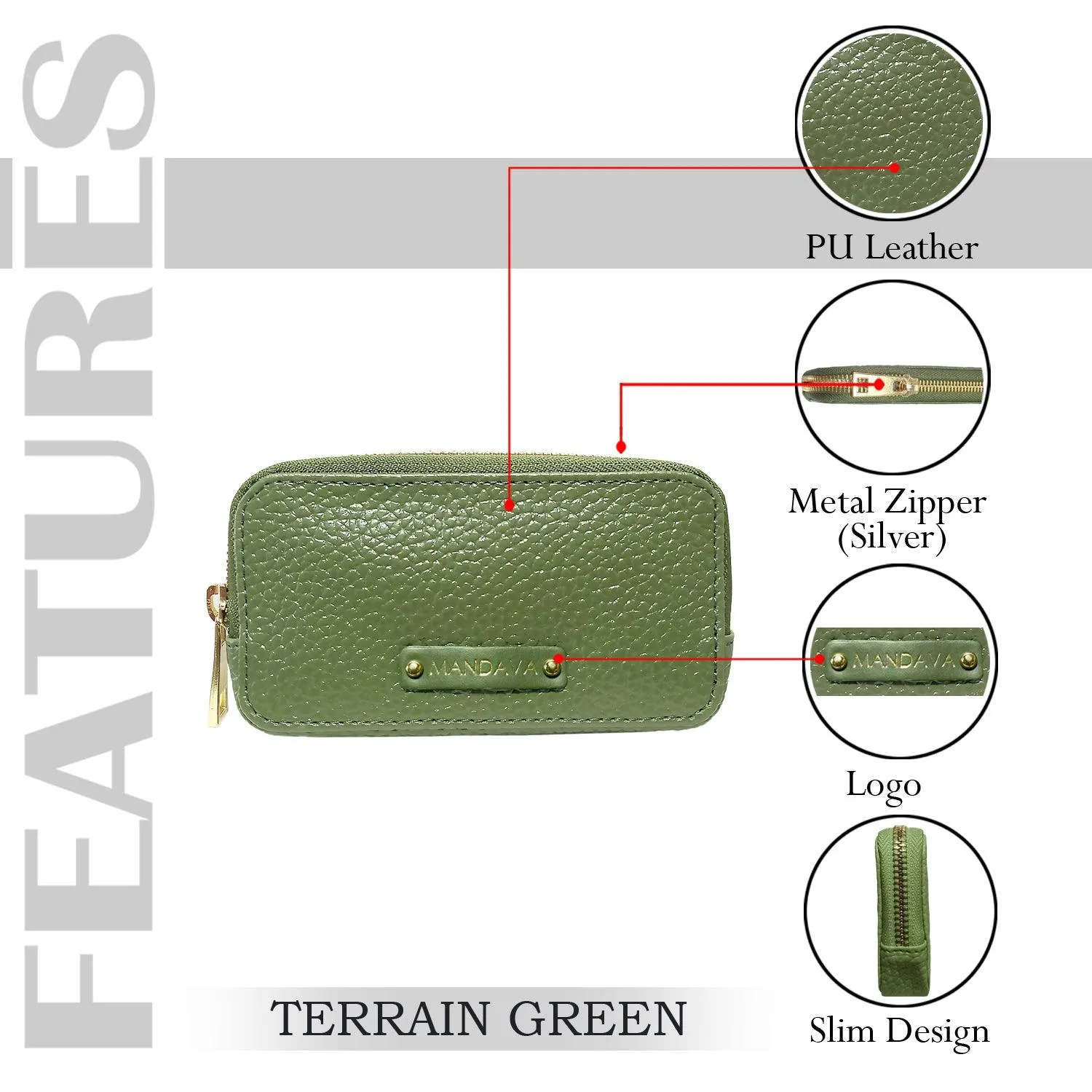 MANDAVA Women's PU Leather Mini Wallet | Ladies Slim Compact Card Holder Organizer Zipper Coin Purse (Terrain Green)