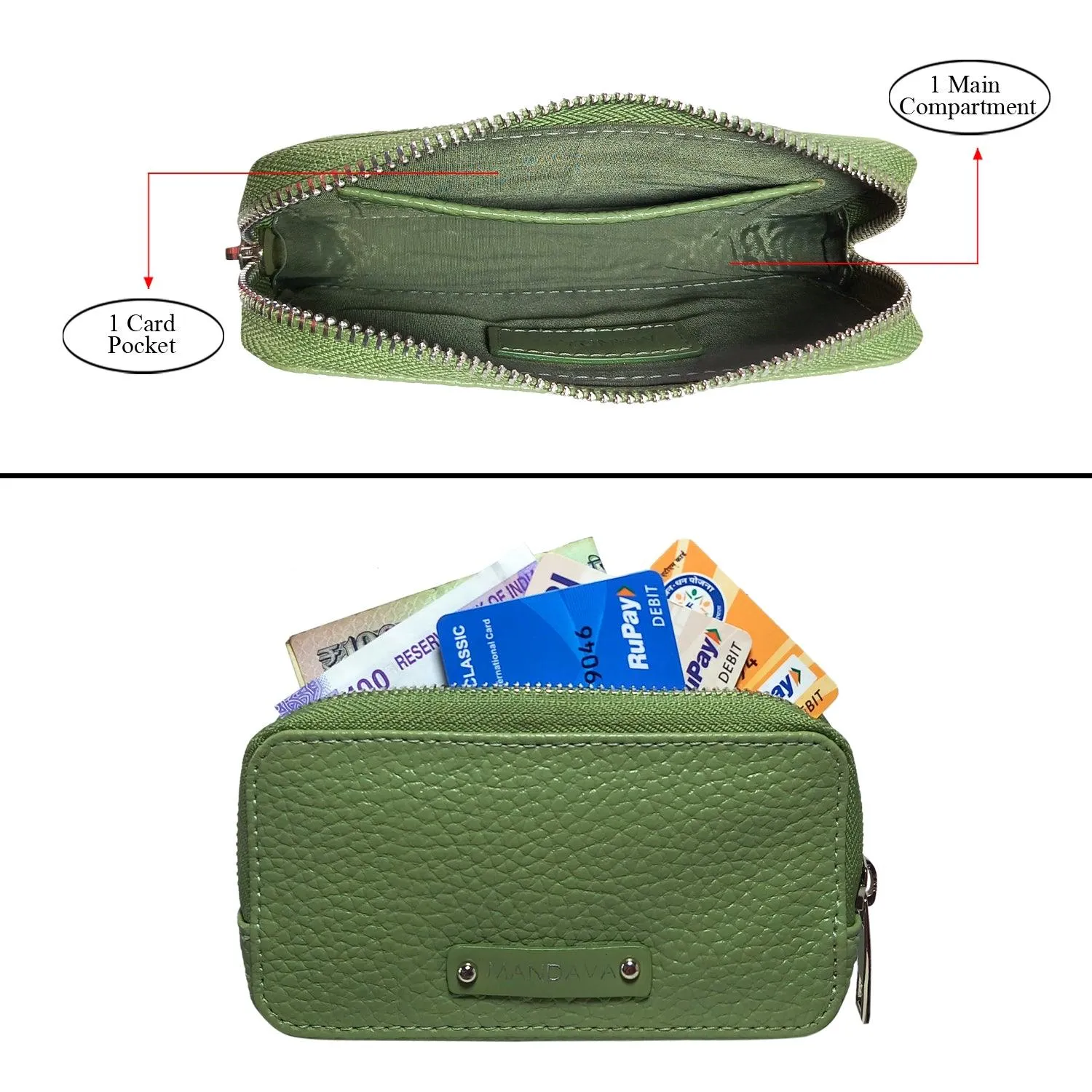 MANDAVA Women's PU Leather Mini Wallet | Ladies Slim Compact Card Holder Organizer Zipper Coin Purse (Terrain Green)