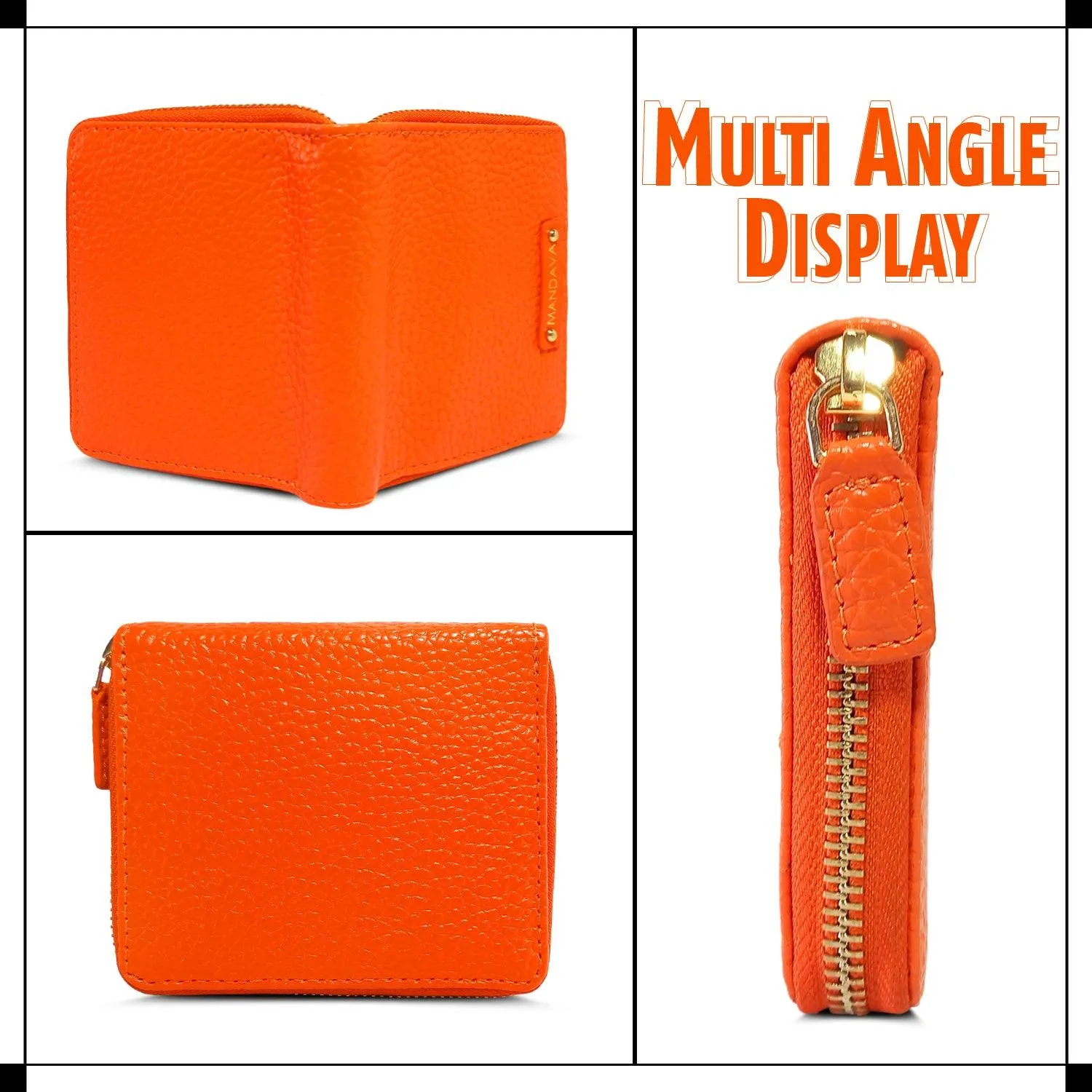 MANDAVA Women's Small Bifold PU Leather Wallet | Ladies Slim Compact Card Holder Organizer Zipper Coin Purse (Orange)