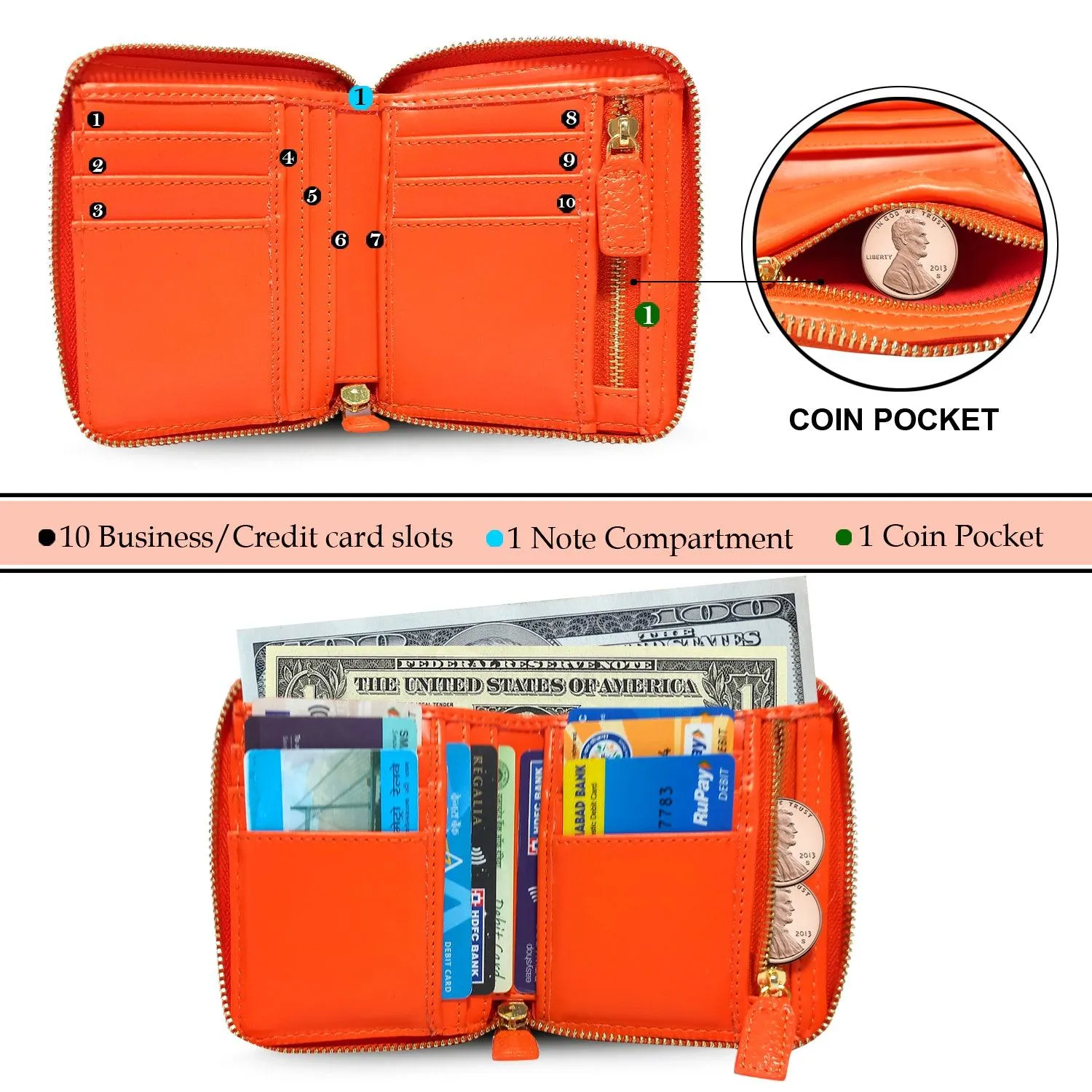 MANDAVA Women's Small Bifold PU Leather Wallet | Ladies Slim Compact Card Holder Organizer Zipper Coin Purse (Orange)