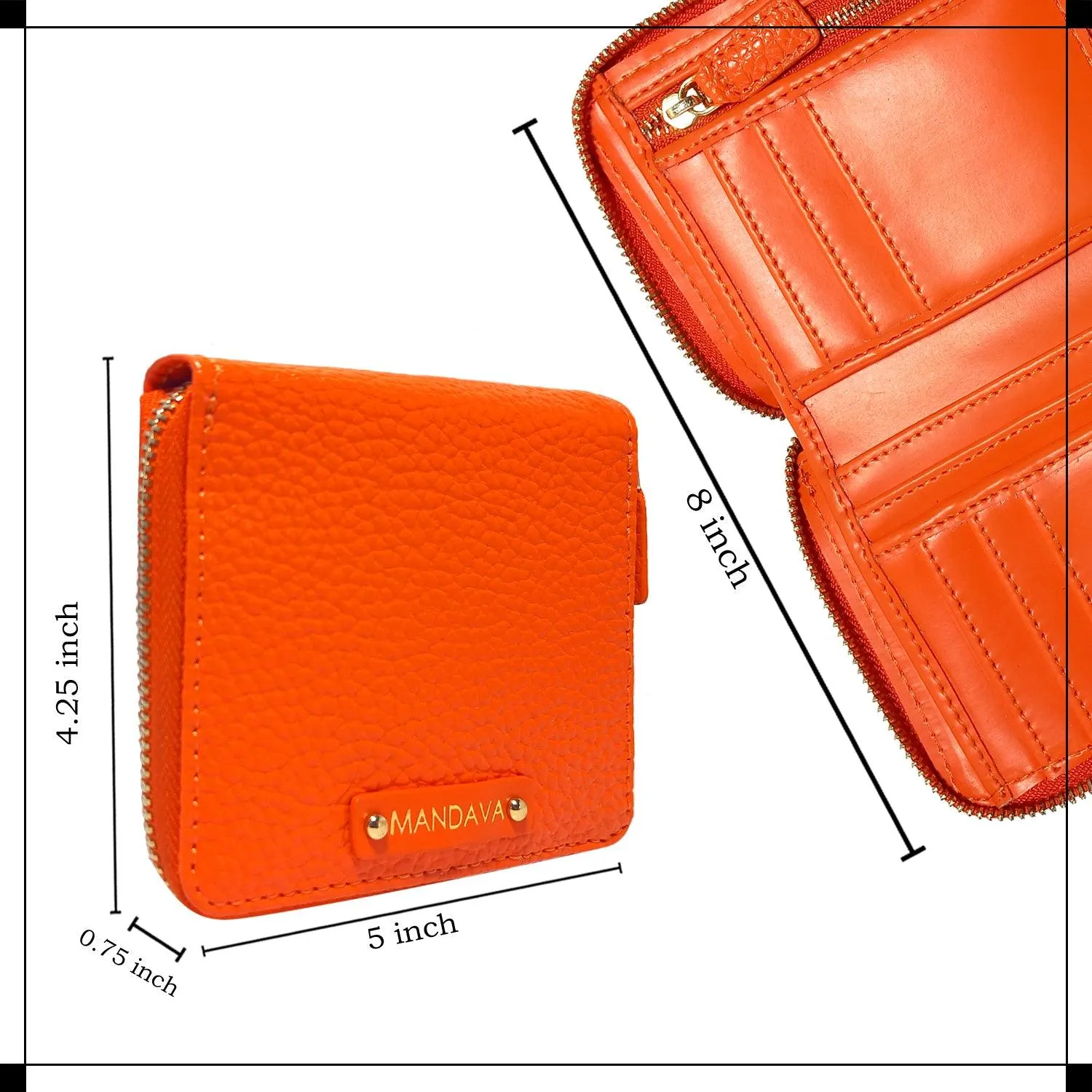 MANDAVA Women's Small Bifold PU Leather Wallet | Ladies Slim Compact Card Holder Organizer Zipper Coin Purse (Orange)