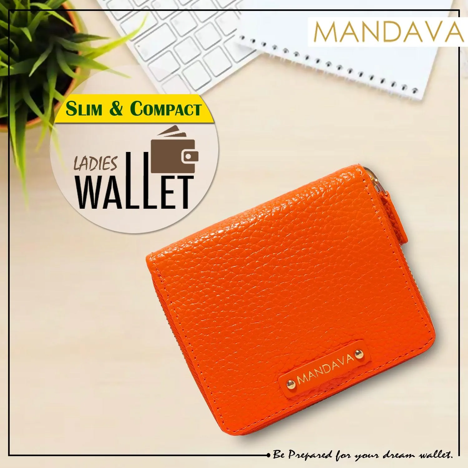MANDAVA Women's Small Bifold PU Leather Wallet | Ladies Slim Compact Card Holder Organizer Zipper Coin Purse (Orange)