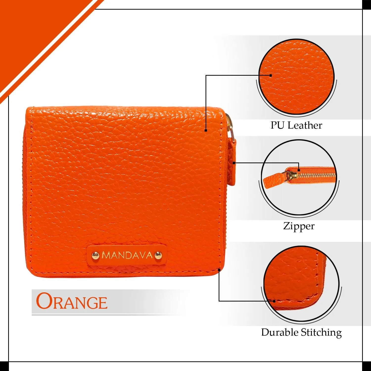 MANDAVA Women's Small Bifold PU Leather Wallet | Ladies Slim Compact Card Holder Organizer Zipper Coin Purse (Orange)