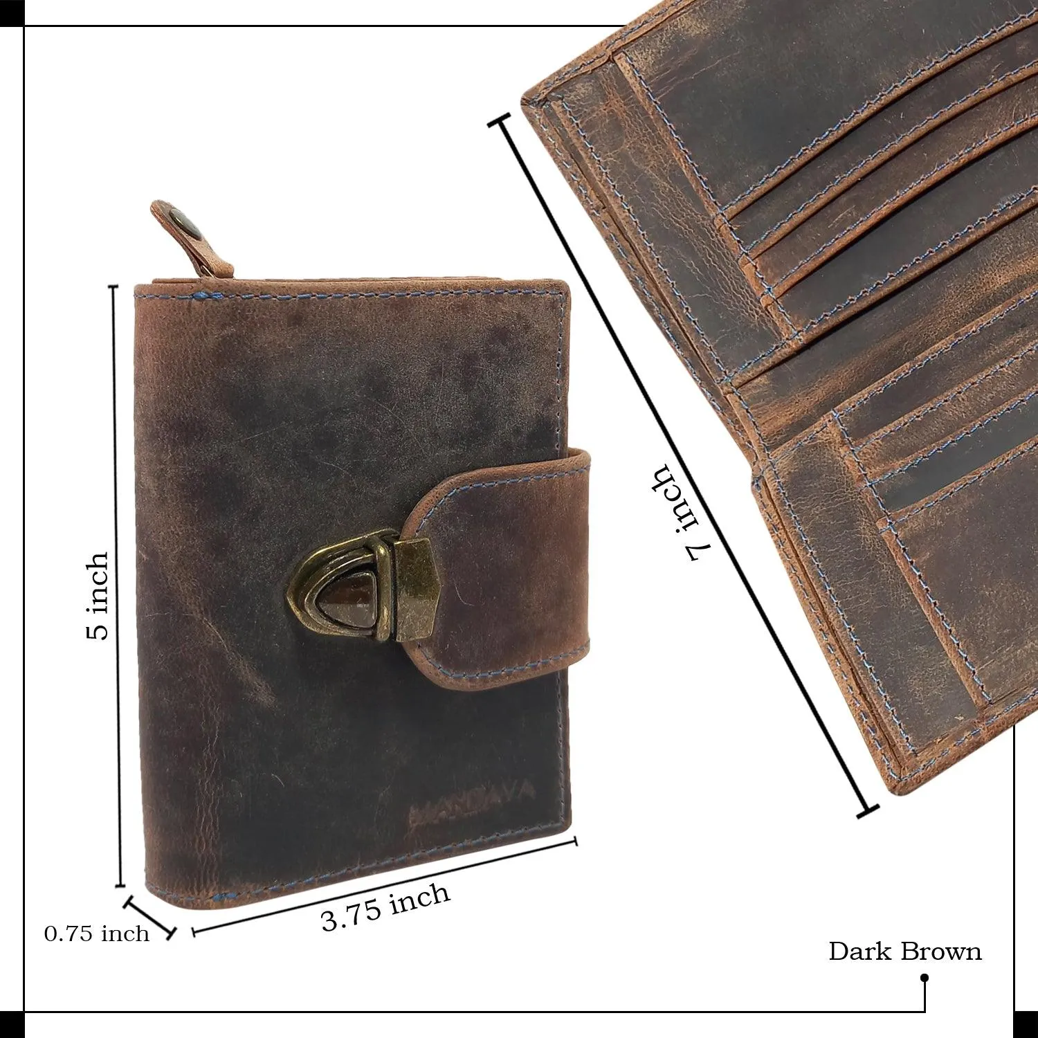 MANDAVA Women's Top Grain Genuine Leather Wallet with Push Lock (Dark Brown)