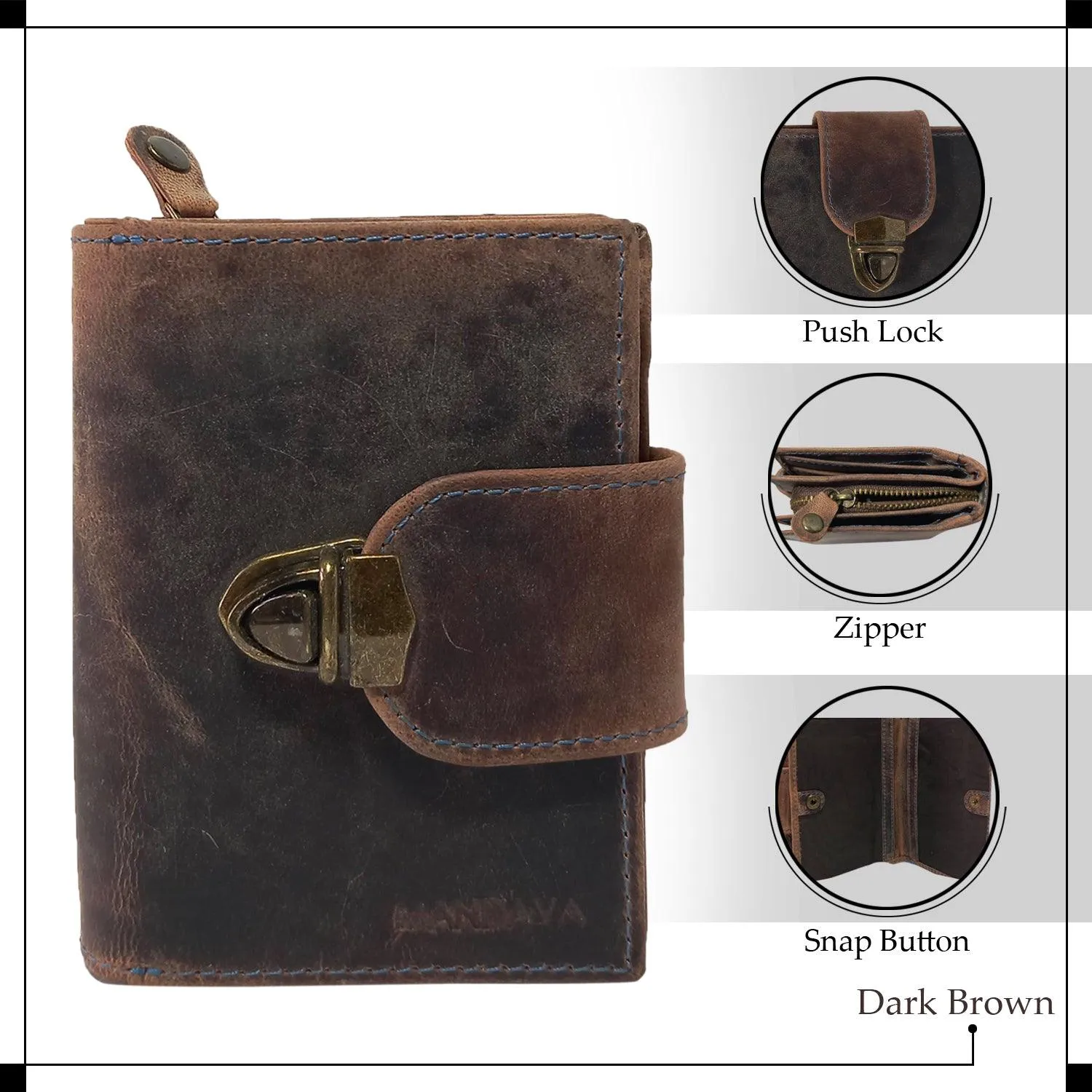 MANDAVA Women's Top Grain Genuine Leather Wallet with Push Lock (Dark Brown)