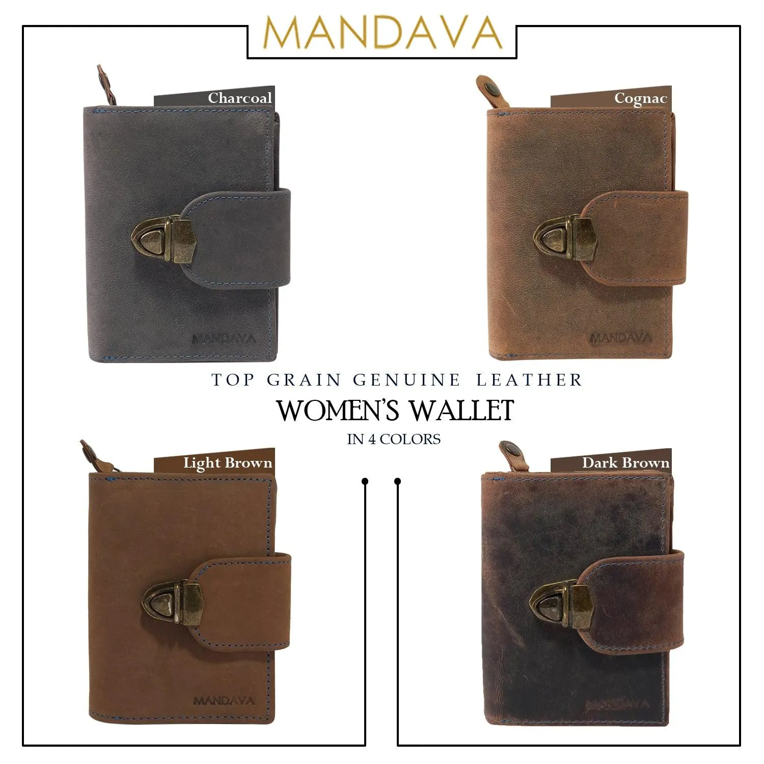 MANDAVA Women's Top Grain Genuine Leather Wallet with Push Lock (Dark Brown)