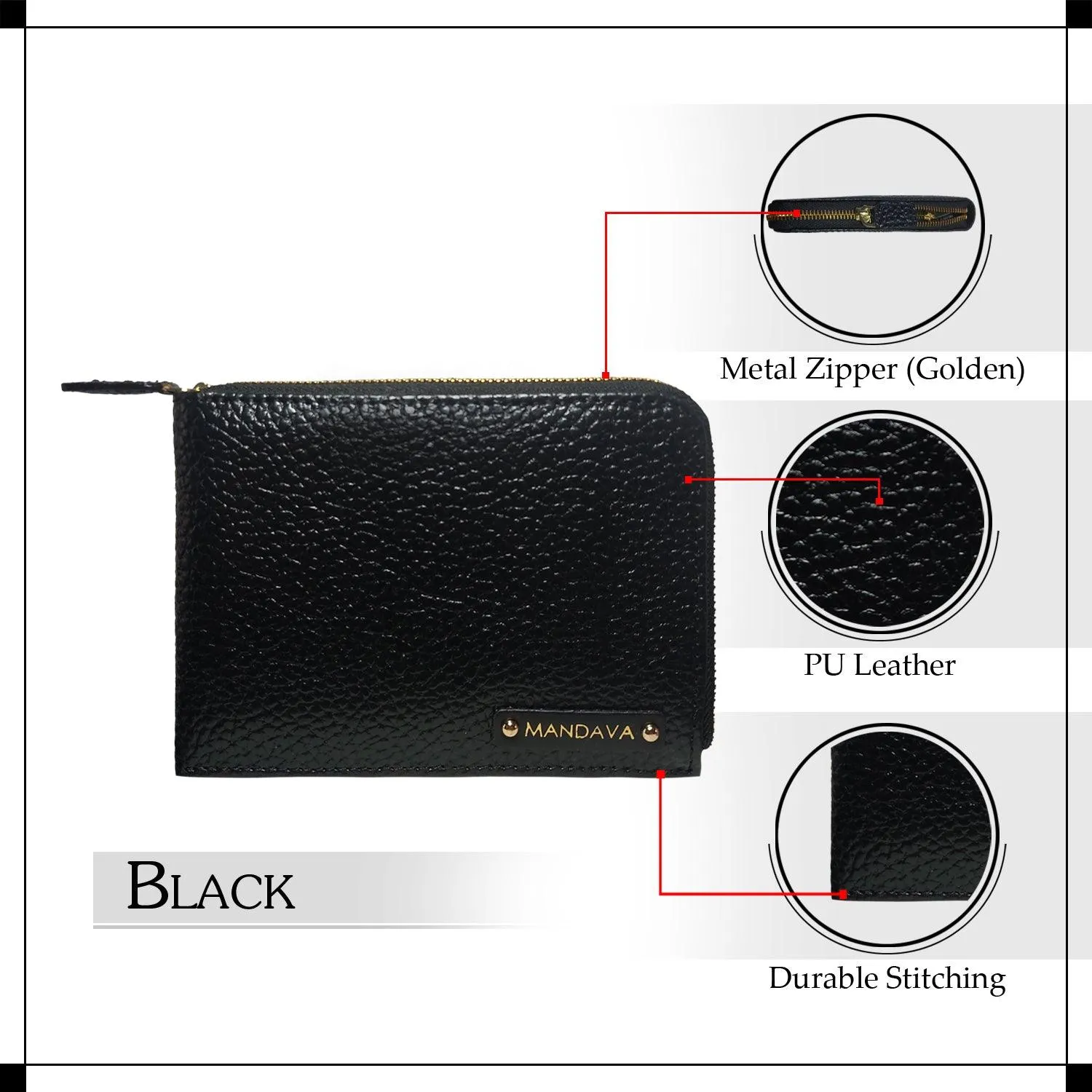 MANDAVA Women's/Ladies Small PU Leather Slim Compact Passport Holder Zipper Travel Wallet (Black)