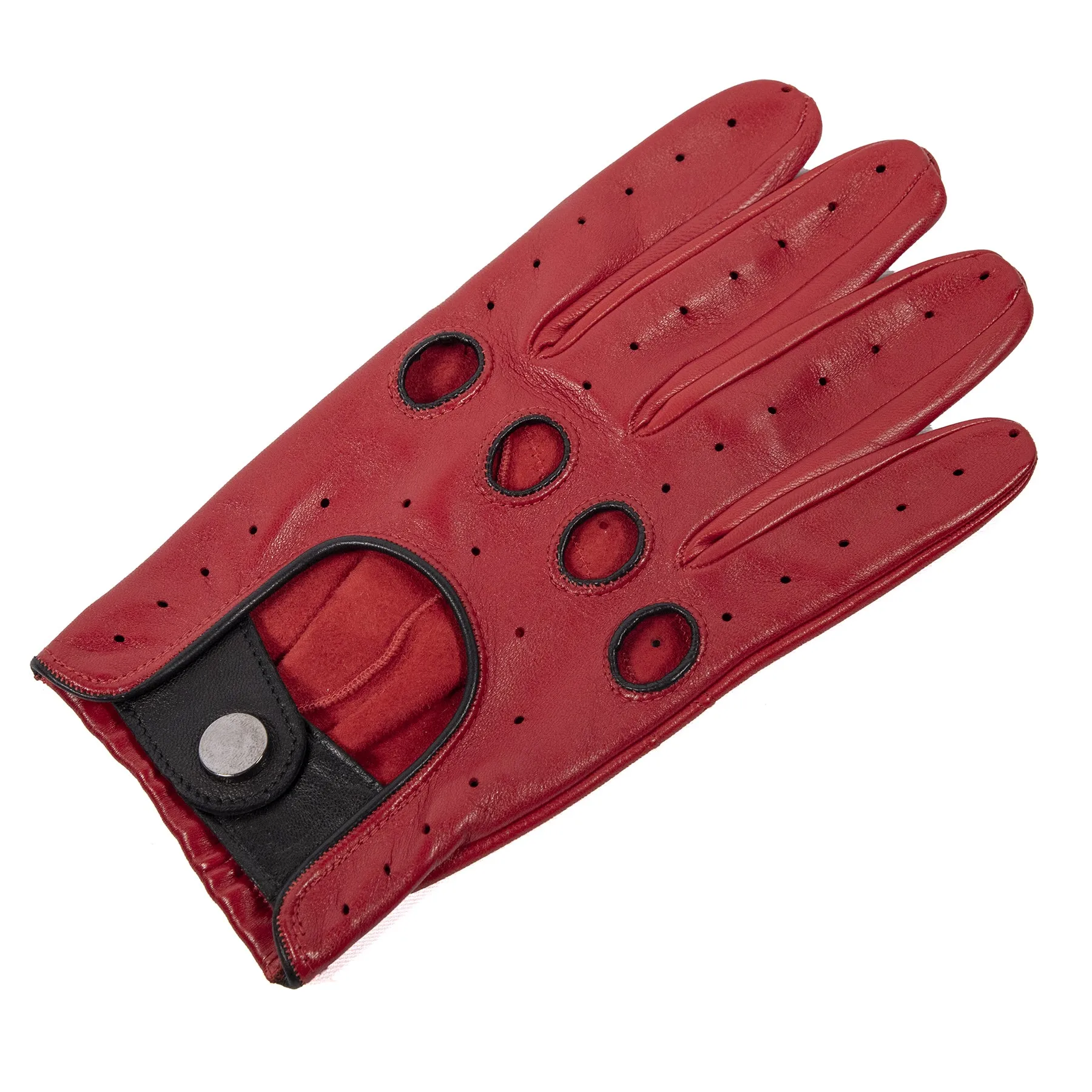Men's unlined red leather driving gloves with button closure