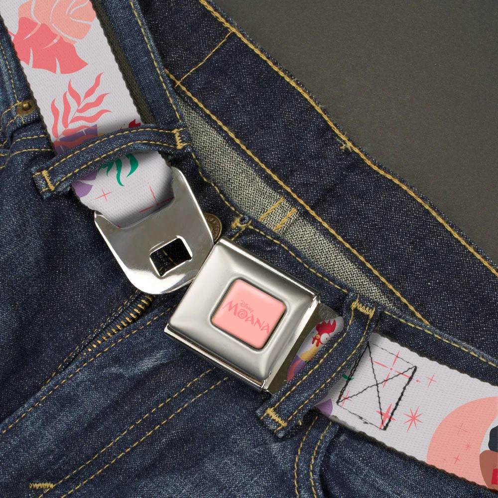 MOANA Title Logo Full Color Pinks Seatbelt Belt - Moana and Hei Hei Poses with Flowers Beige/Orange Webbing