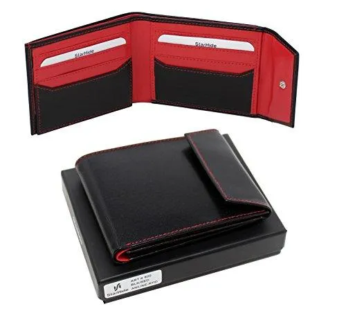STARHIDE Mens RFID Blocking Genuine Goat Leather Wallet 620 (Black Red)
