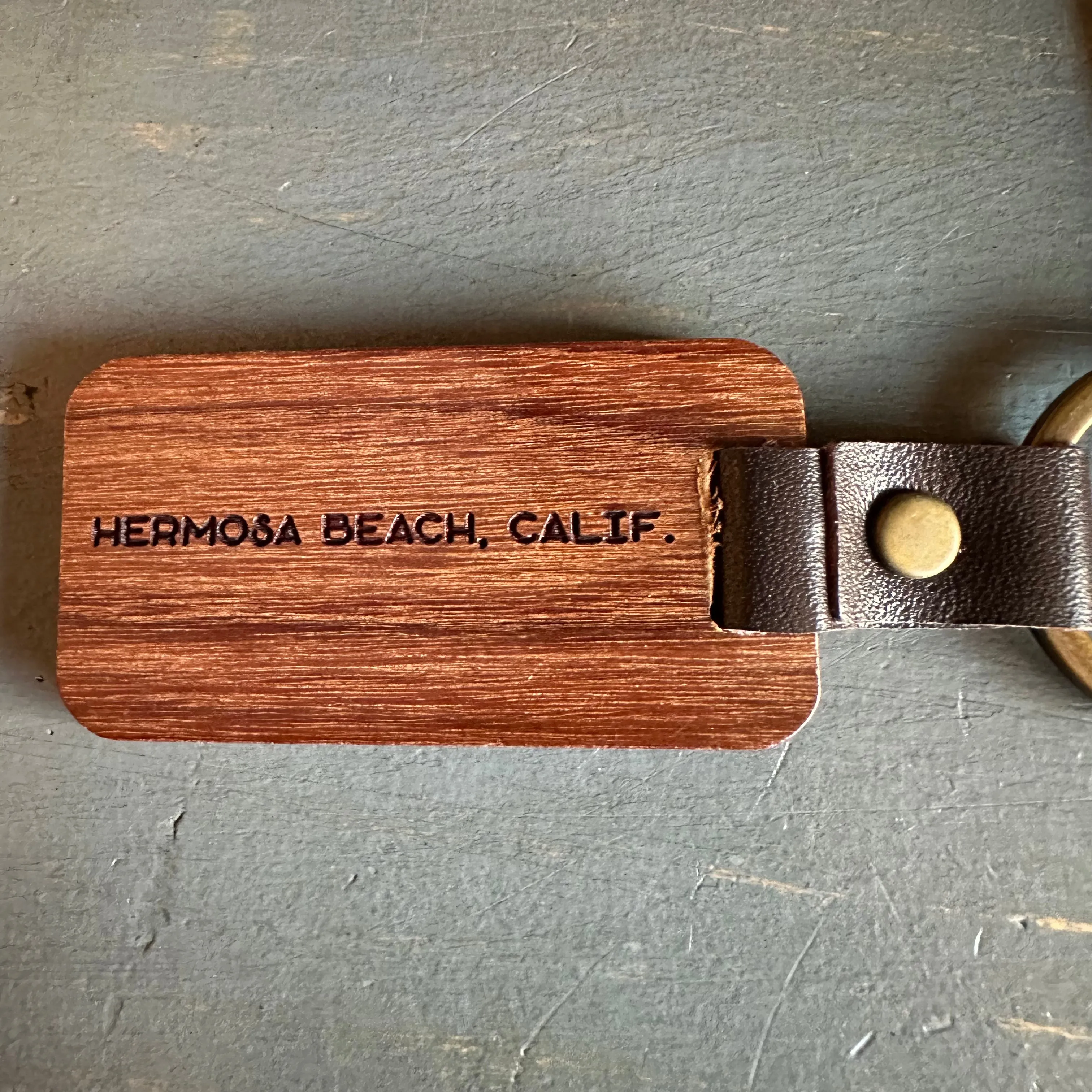 TAKE ME TO THE SHORE : 90254 : Hermosa Beach Wood and Leather Keychain with Engraving on Both Sides