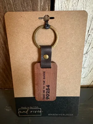 TAKE ME TO THE SHORE : 90254 : Hermosa Beach Wood and Leather Keychain with Engraving on Both Sides