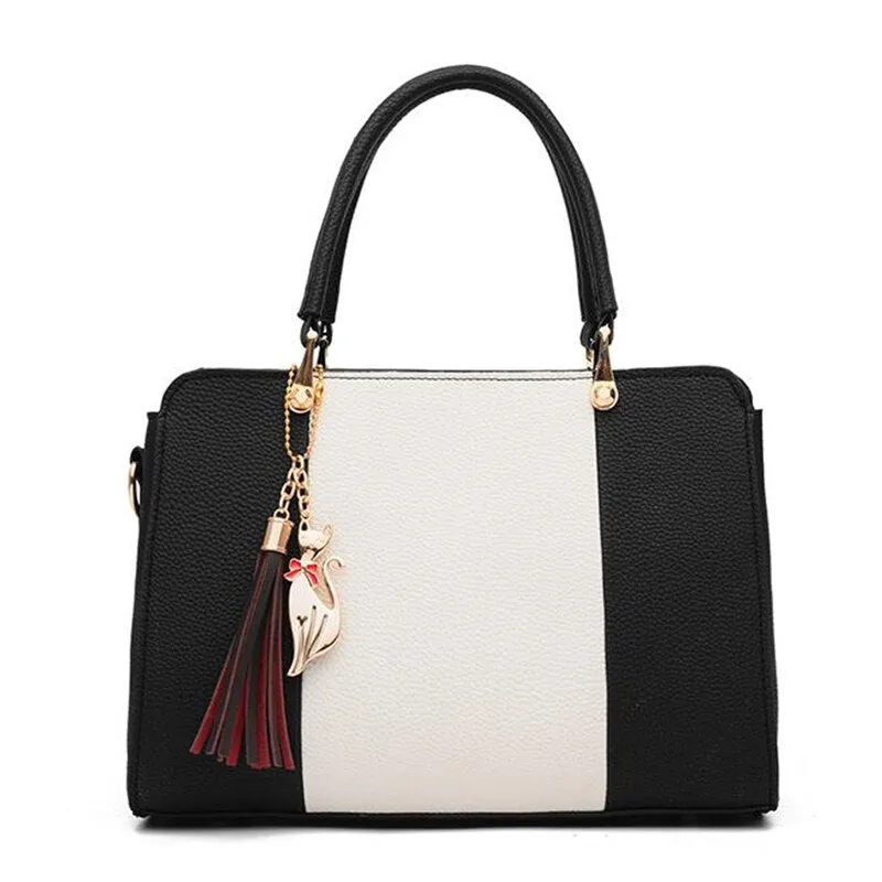 Trendy Patchwork Color Shoulder Bag for Women Middle Totes Purse Office Lady Crossbody Bags handing tassel ornament Handbags