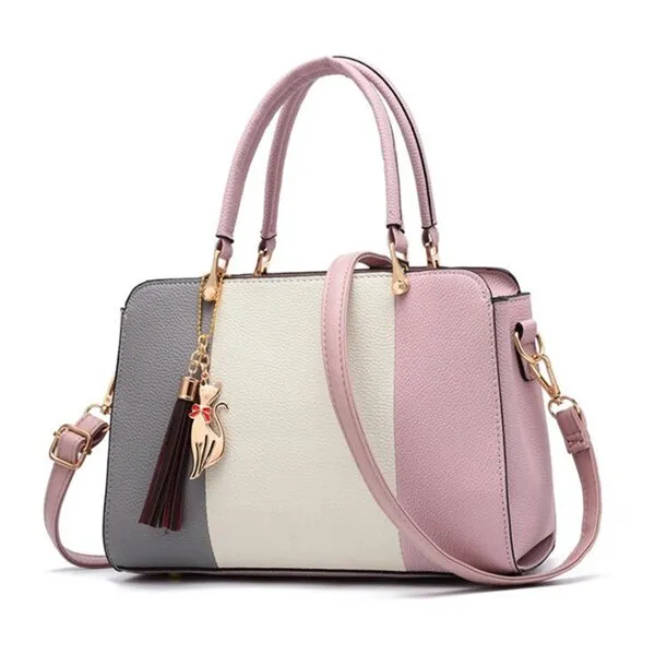 Trendy Patchwork Color Shoulder Bag for Women Middle Totes Purse Office Lady Crossbody Bags handing tassel ornament Handbags