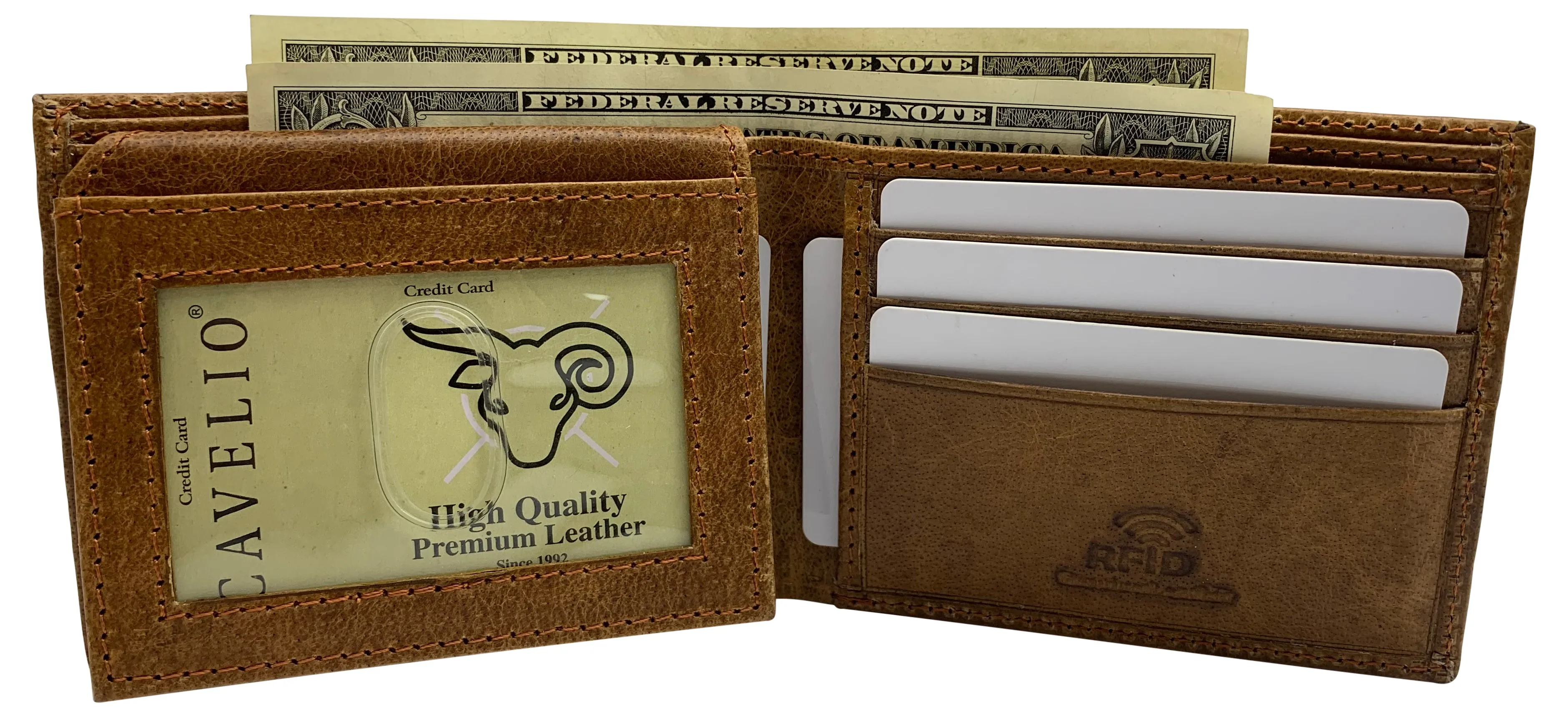 USA RFID Men's Bifold Wallets for Men Genuine Leather 2 ID Windows Billfold Wallet US Design