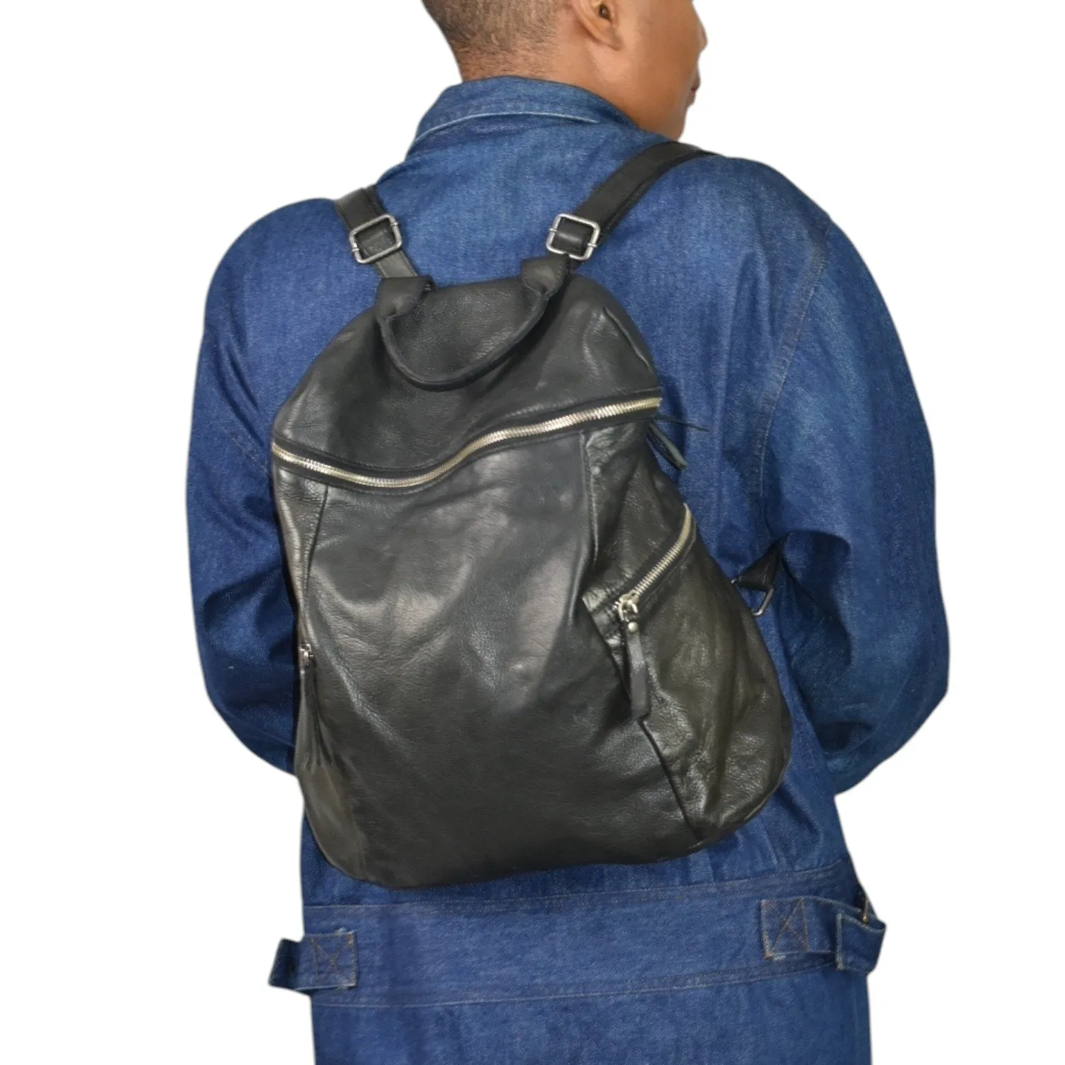 Vilenca Holland Backpack Black Leather Adjustable Side Pockets Square Soft Slouchy