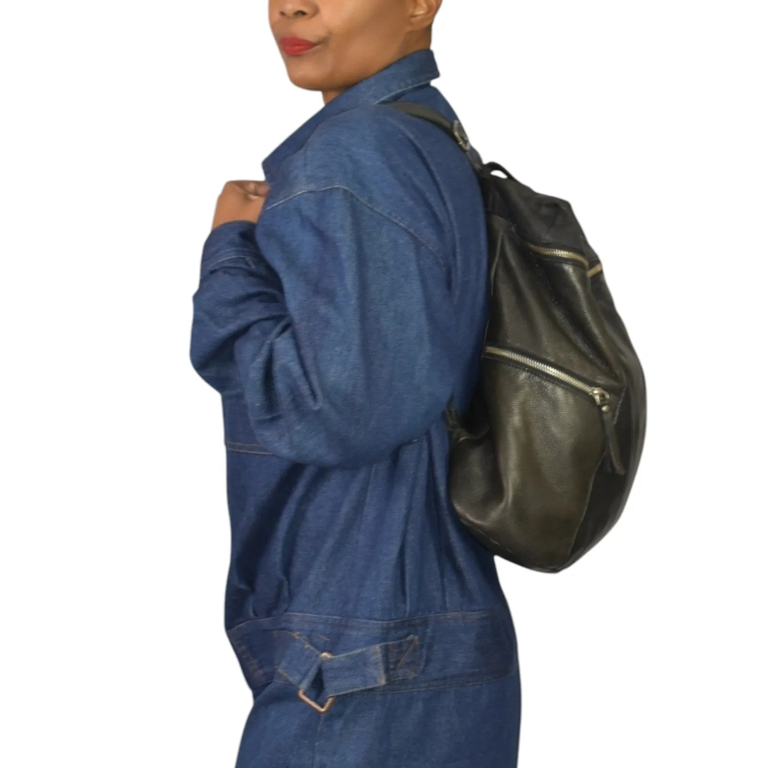 Vilenca Holland Backpack Black Leather Adjustable Side Pockets Square Soft Slouchy