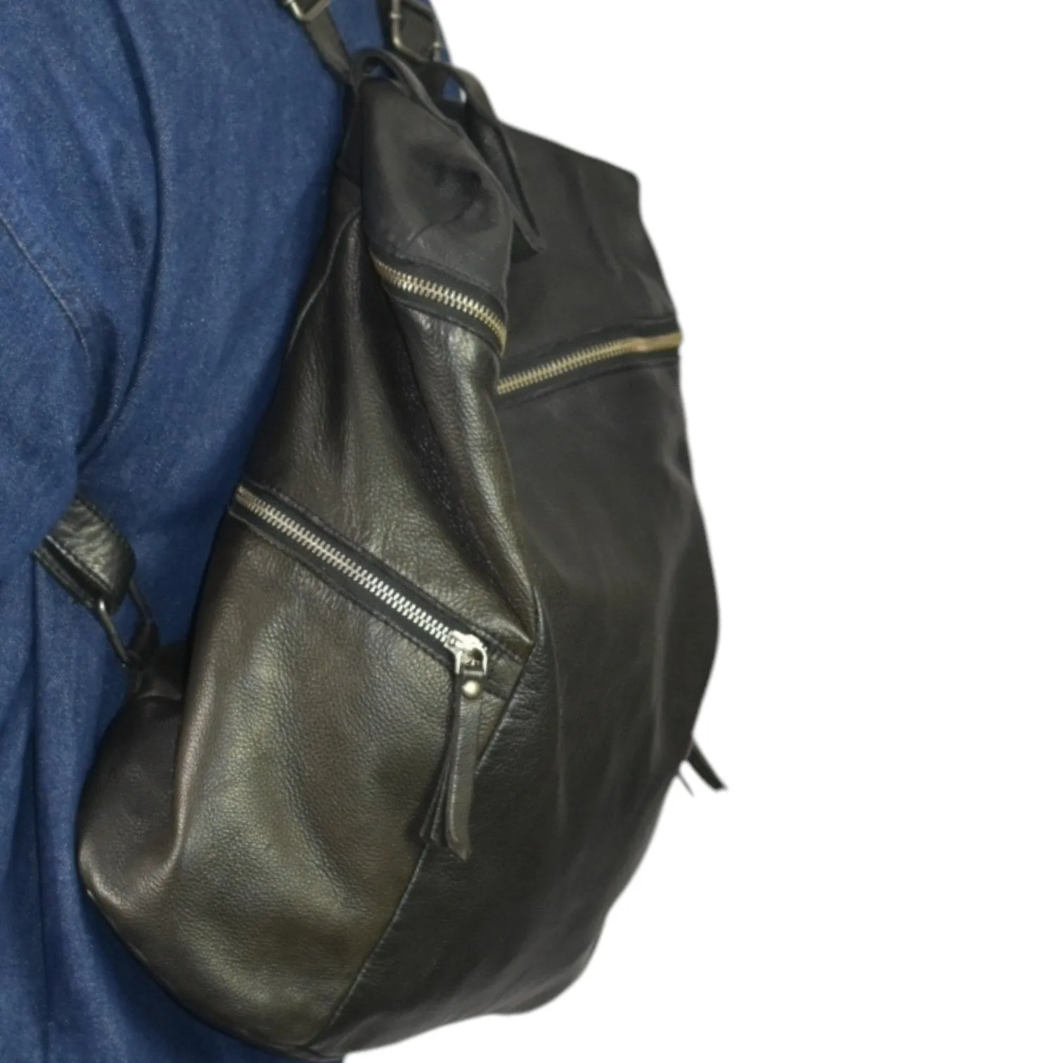 Vilenca Holland Backpack Black Leather Adjustable Side Pockets Square Soft Slouchy