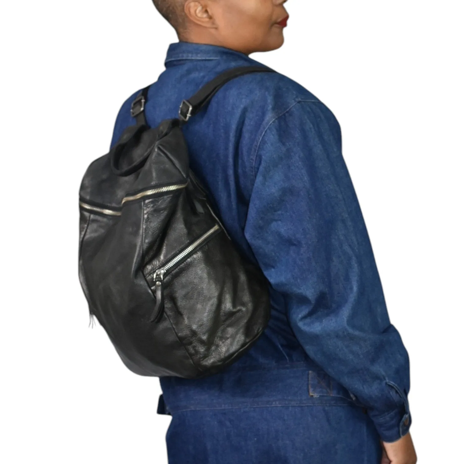 Vilenca Holland Backpack Black Leather Adjustable Side Pockets Square Soft Slouchy
