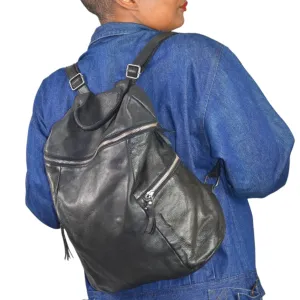 Vilenca Holland Backpack Black Leather Adjustable Side Pockets Square Soft Slouchy