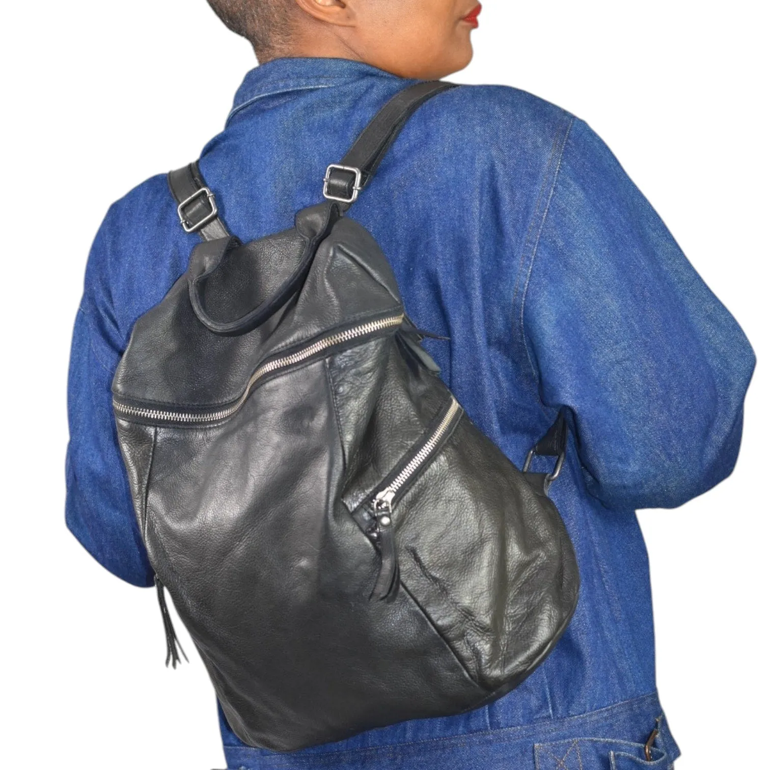 Vilenca Holland Backpack Black Leather Adjustable Side Pockets Square Soft Slouchy