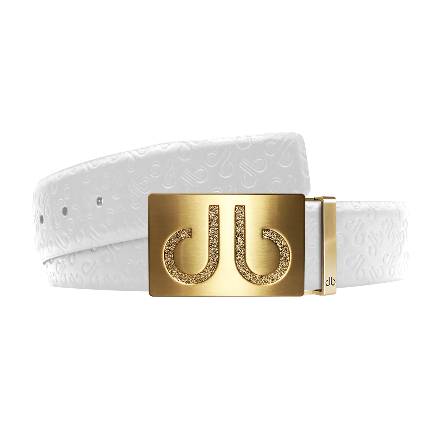White Db Icon Pattern Embossed Leather Belt With Gold Druh Db Classic Buckle