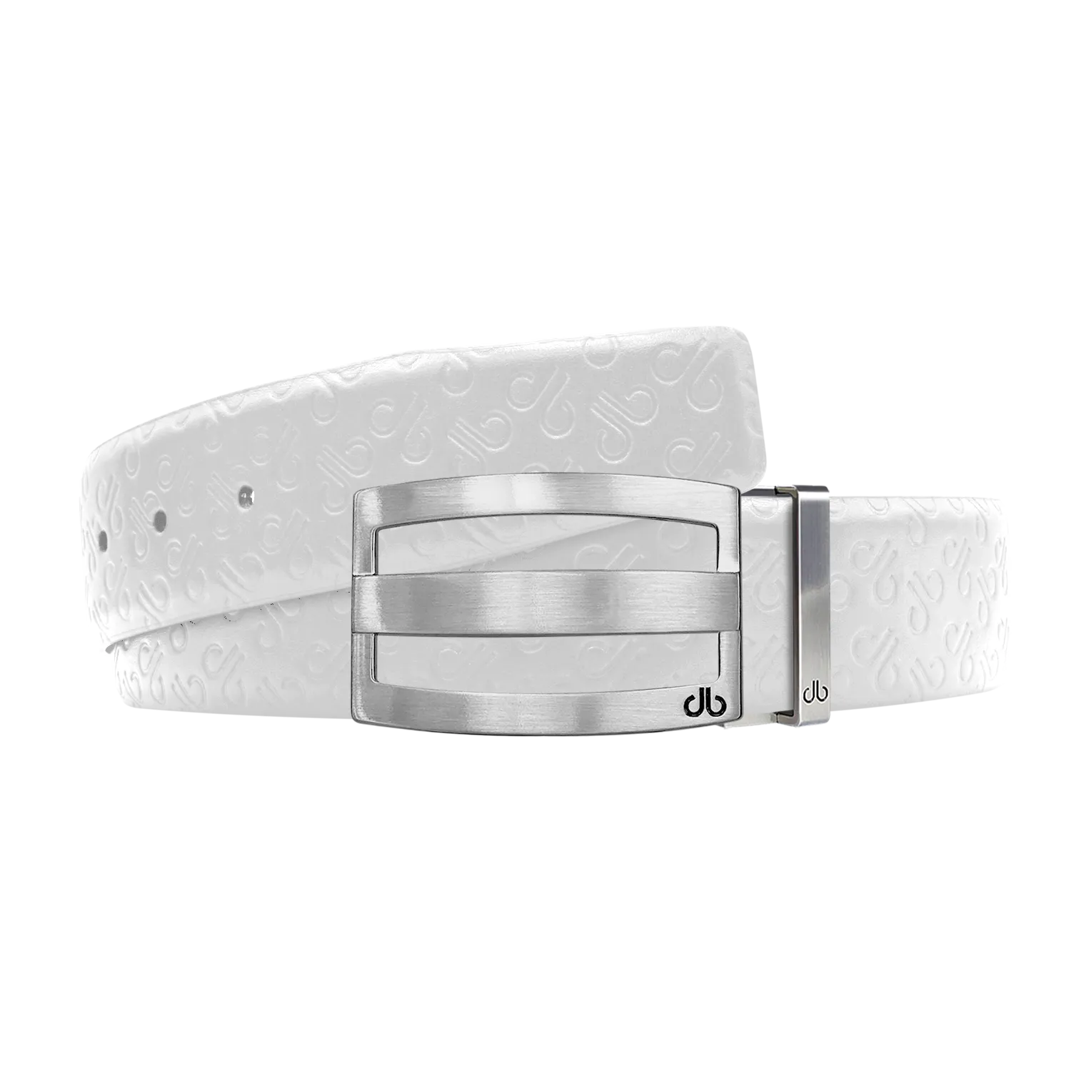 White Db Icon Pattern Embossed Leather Belt With Silver Druh Db Classic Striped Buckle
